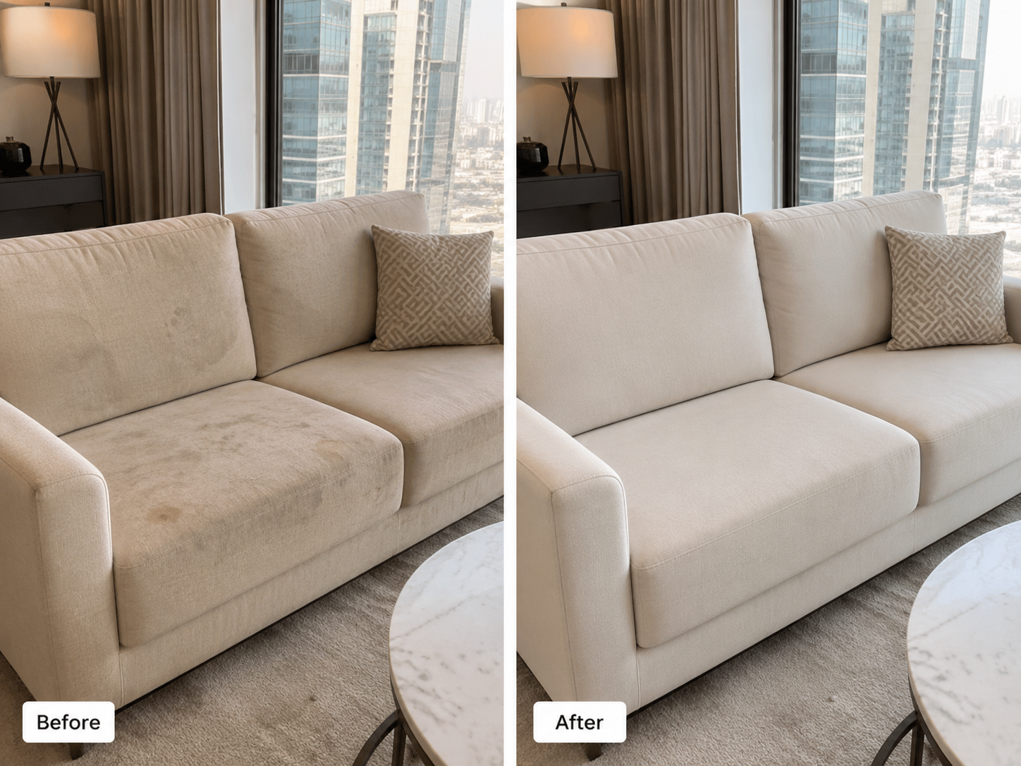 Sofa cleaning before and after in Dubai by CleanSpace